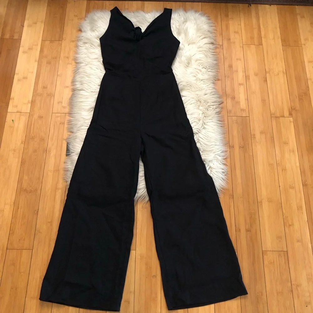 Leith Linen Blend Cut Out Tie Back Wide Leg Sleeveless Black Jumpsuit size S